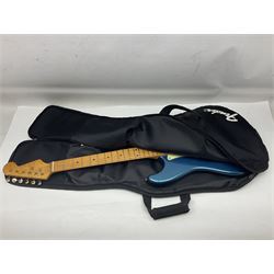 Fender Stratocaster style electric guitar in metallic blue with Rio Grande pick-ups and Fender back-plate L98cm; in Fender soft carrying case