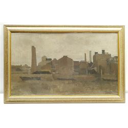Donald W Dean (Northern British 20th century): 'Near Hammersmith Bridge' - Industrial Landscape, oil on board, signed and titled with artist's Stockton address verso 33cm x 56cm