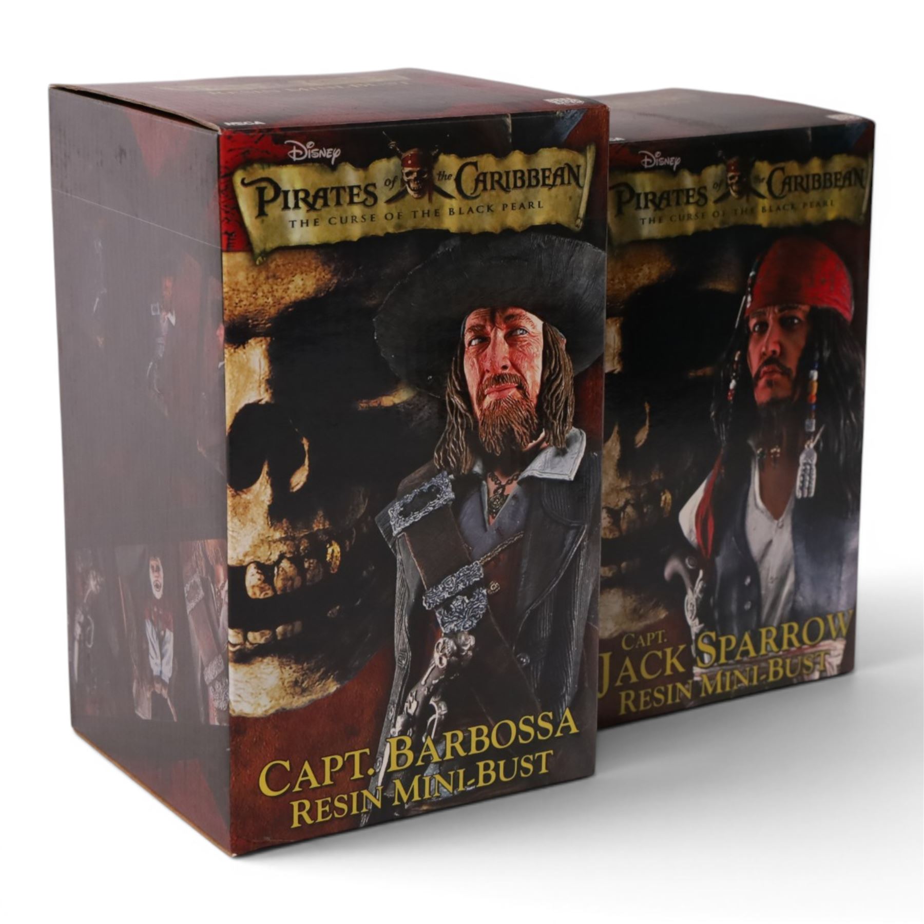 Two limited edition Neca Pirates of the Caribbean The Curse of the Black Pearl resin mini busts, Capt. Jack Sparrow 2063/2500 and Capt. Barbossa 995/2500, both boxed