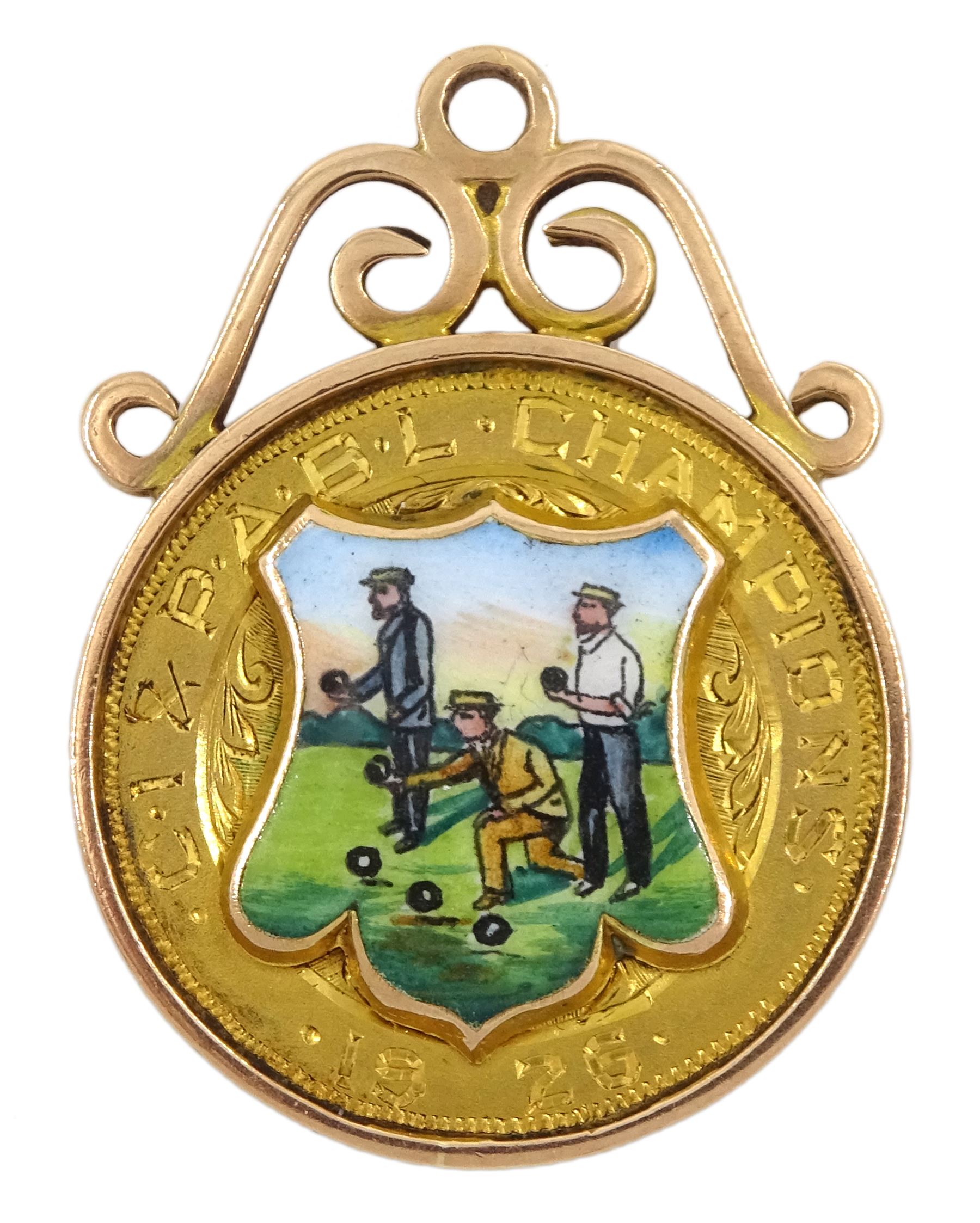 Early 20th century 9ct gold enamel bowling medallion, Birmingham 1926