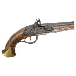 19th century flintlock pistol, the 18cm barrel with ram rod under, chequered walnut stock with brass butt cap, L32cm