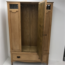 Arts & Crafts oak wardrobe, single mirrored door with lead glazed window panels, single drawers, turned supports, W119cm, H192cm, D45cm