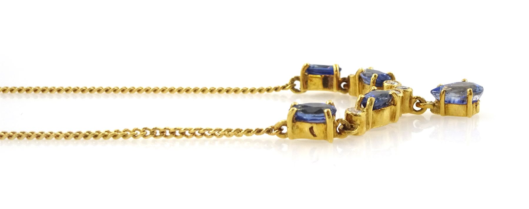18ct gold pear cut sapphire and round brilliant cut diamond necklace, London import mark 1991, total sapphire weight approx 1.35 carat