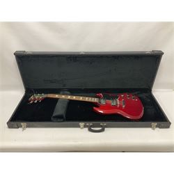 Vintage VS6M Reissued Series six string electric guitar, with solid body in cherry red finish, in carrying case, guitar L103cm