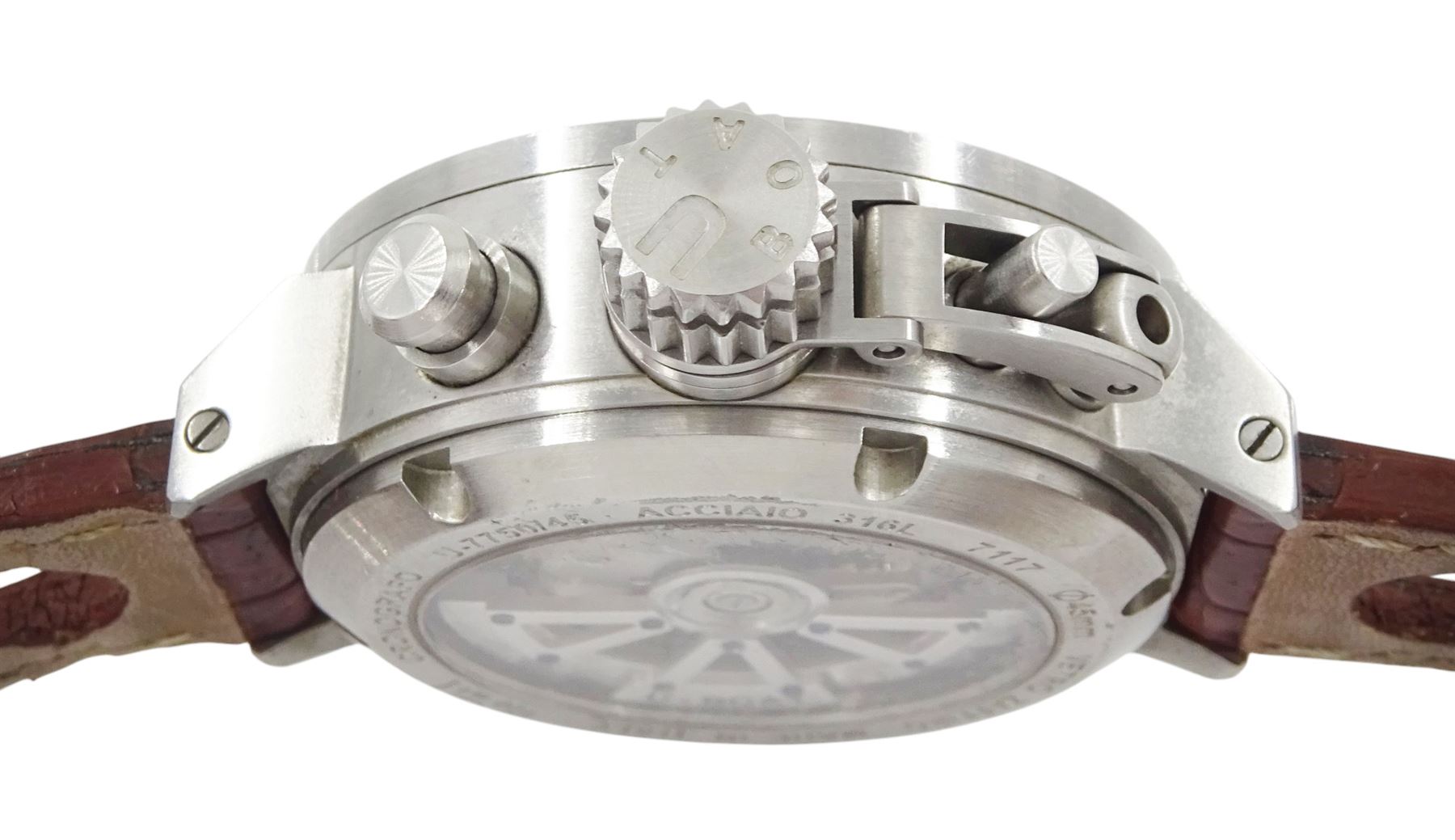 Italo Fontana U-Boat Flightdeck Cas Beige gentleman's stainless steel automatic watch, Ref. 7117, cream dial with Arabic hour markers and three subsidiary dials, on original brown leather strap, boxed with warranty card dated 2014