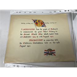 WWI group of three medals with bronze memorial plaque comprising 1914-15 Star, British War Medal and Victory Medal awarded to 16554 Pte. T. Andrew Linc. R. who died on 26th July 1916 whilst travelling to Vimy Ridge, polished and mounted for display in a frame; together with small archive of research material and two WWII V.E. Day Presentation Certificates from the people of Holbeach in Lincolnshire