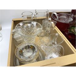 Five boxes of glassware to include coloured glass, vases, drinking glasses , jugs etc