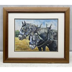 Ron Wagstaff (Northern British 20th Century): 'Heavy Lunch - Leopard', 'Cross County at Epworth', Draft Horses and The Farm, collection of four watercolours signed, variously titled verso; Dawn Ogel (British 20th Century): The Cockerel, pastel signed max 38cm x 35cm (5)