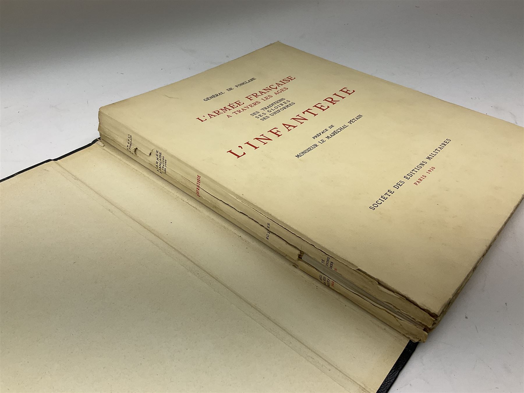 General De Fonclare: L'Armee Francaise A Travers Les Ages - L'Infanterie. Paris 1930. Hand coloured plates. Original card binding loose in later folder; Chaperon Eugene: Le Soldat Francais. Paris Ndc1895; and Deutsche Reichsmarine Dienst Und Leben Der Matrosen cigarette card album c1936 (3)