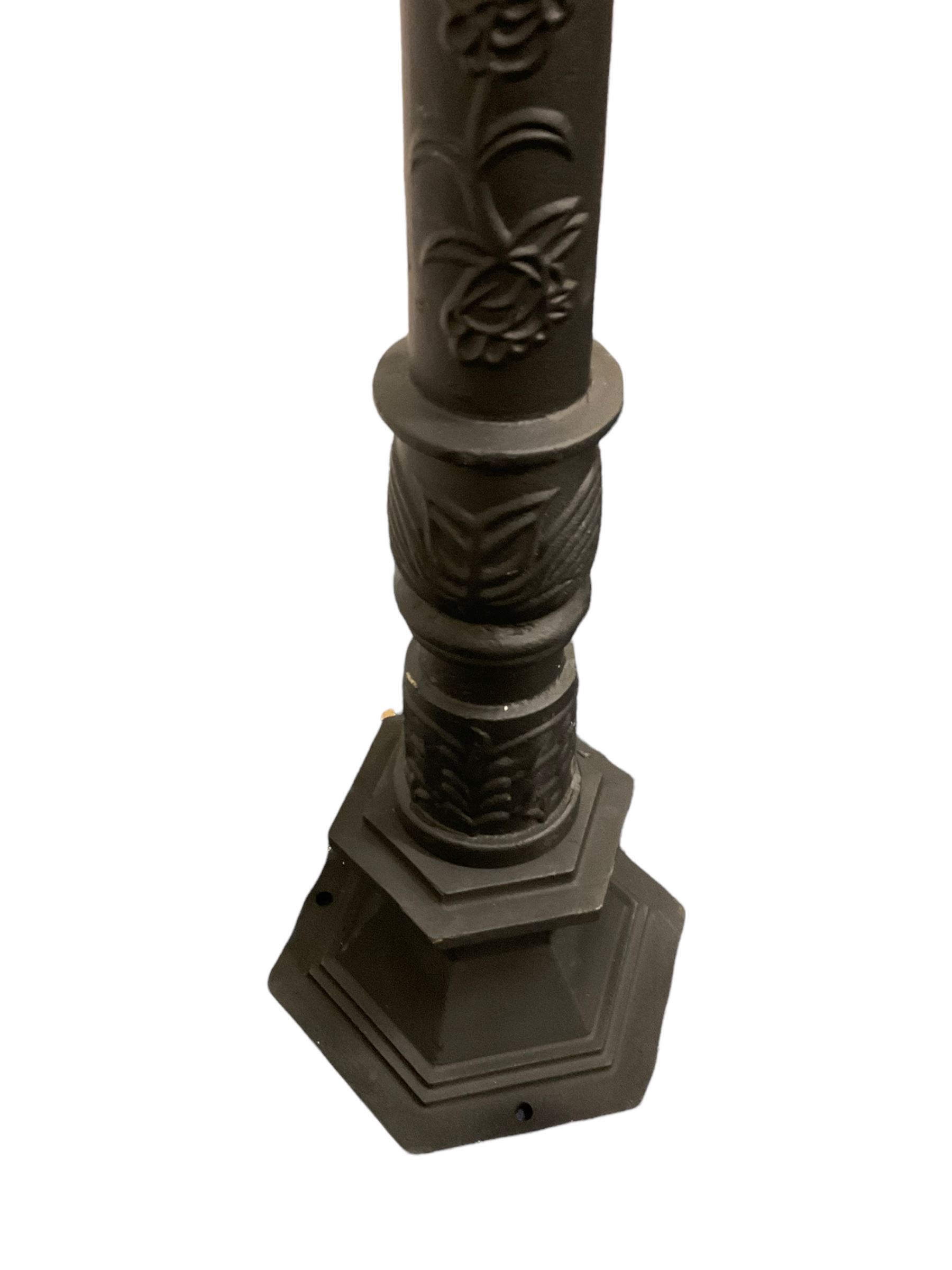 Victorian style cast iron street lamp, fluted column with hexagonal base, four glass lantern top