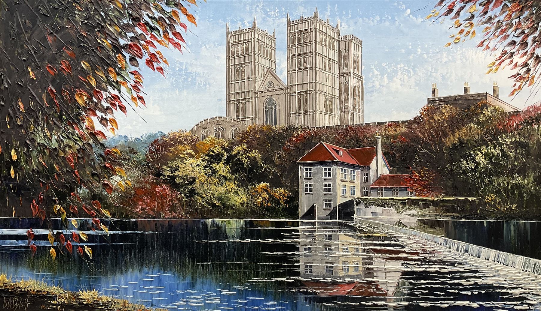 Dallas K Taylor (British 1941-2011): Durham Cathedral from the River, oil on canvas board signed 44cm x 75cm 