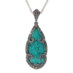 Silver turquoise coloured and marcasite pendant necklace stamped 925