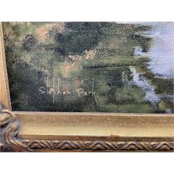 Stephen Park (British 1962-): Salisbury Cathedral from the River, oil on canvas signed 45cm x 60cm