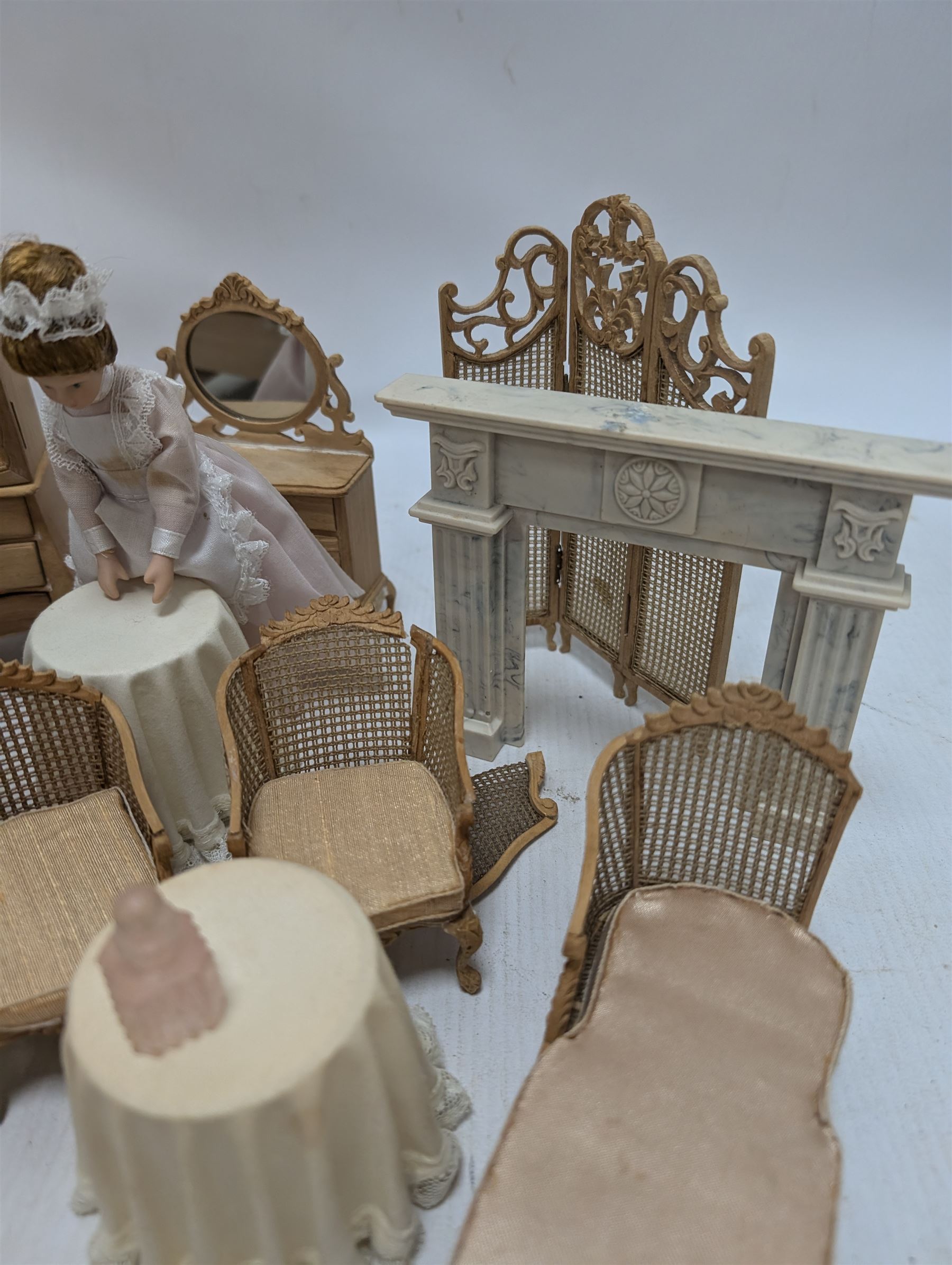 Dolls house bathroom and bedroom furniture, including bed, wardrobe, dresser filled with toiletries, shower, five figures, etc 