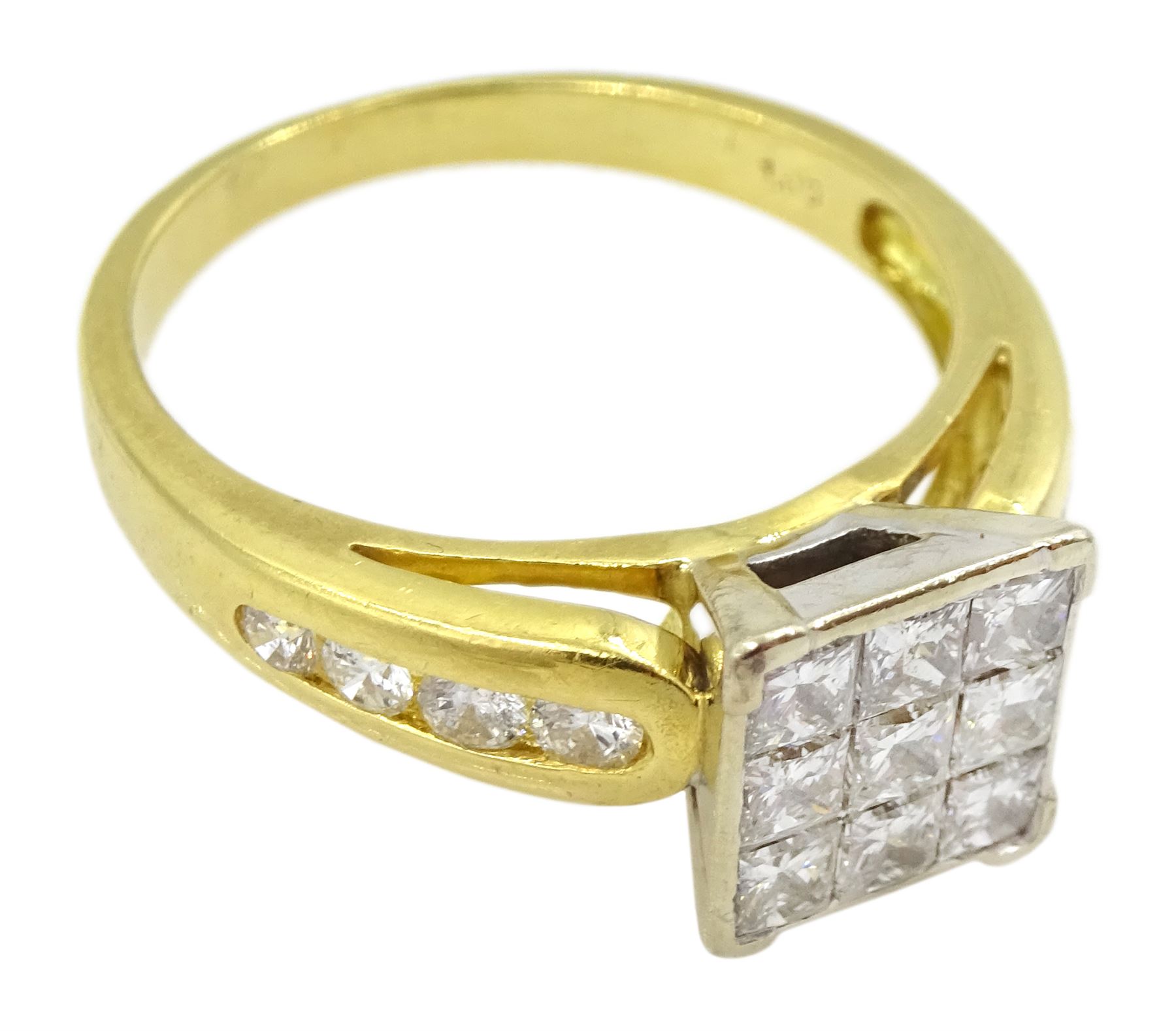 18ct princess cut diamond cluster ring, with round brilliant cut diamond shoulders, stamped 18KT, total diamond weight 1.00 carat