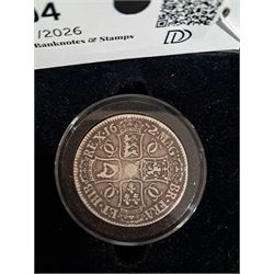 Charles II 1672 silver one crown coin, in Hattons of London case