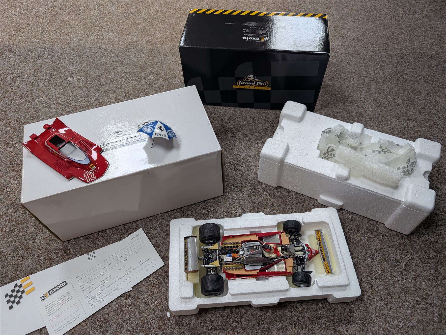 Exoto Grand Prix Classics 1:18 scale Gilles Villeneuve Ferrari 312T4 #12, 1979 Championship 2nd with Ferrari umbrella, boxed