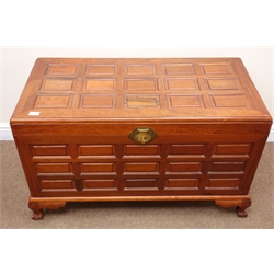  Chinese carved camphor wood blanket box, panelled hinged lid with clasp and stays, lions head carved cabriole legs with ball and claw feet, W106cm, H61cm, D55cm  