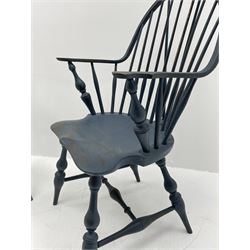 D.R. Dimes Furniture - set six American Windsor dining chairs, hoop and stick back on dished saddle seats, turned supports jointed by H stretchers, stamped underneath 'D.R.Dimes', two carvers and four side chairs