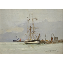  Harry Dorr (British 1872-1950): Ship at Anchor off a Pier, oil on board signed 14cm x 19cm  