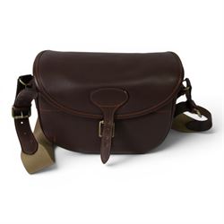 Leather cartridge bag with a canvas strap, together with another cartridge bag, two leather belts etc