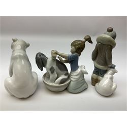 Five Lladro figures, comprising Ducklings no 4895, Polar Bear with Cubs no 5434, Eskimo Boy with Pet no 5238, Bashful Bathing no 5455, and Resting Polar Bear no 1208, together with three Nao figures Duck Looking Back, Girl in Blue Dress and Pensive Ballet, largest example H24cm  