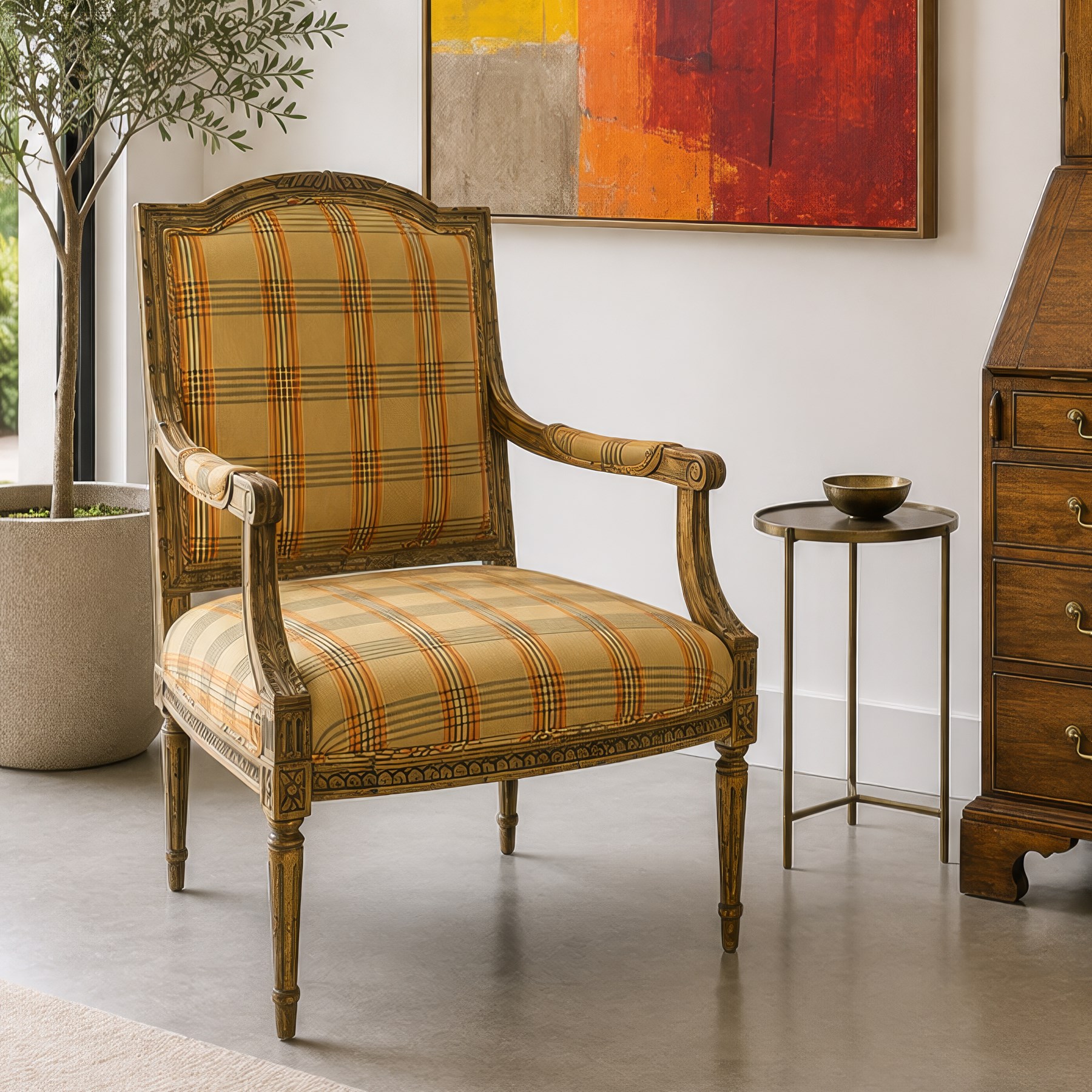 Louis XVI style painted fauteuil armchair, the shaped padded back and overstuffed seat upholstered in cream tartan fabric, with scrolling open arms on fluted supports, the moulded frame with carved ribbon twist, rosette and husk decoration, raised on turned and fluted tapering legs