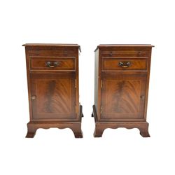 Pair of inlaid mahogany bedside cabinets, fitted with slide above drawer and cupboard