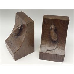 Pair 'Mouseman' tooled oak bookends carved with mouse signature, by Robert Thompson of Kilburn 