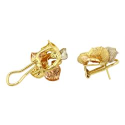 Pair of white, yellow and rose gold polished and textured leaf design stud earrings, stamped 750