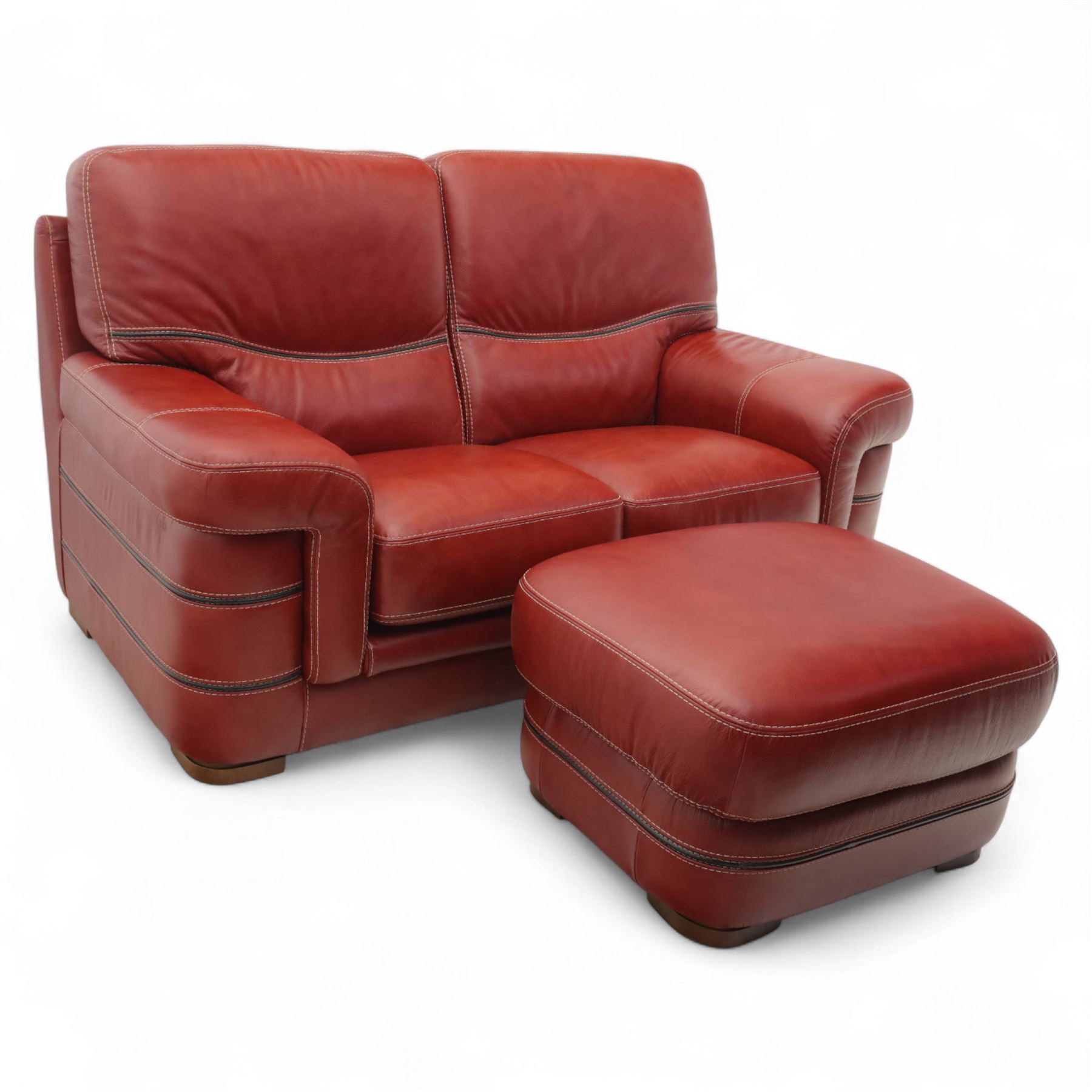Bardi, Italy - two-seat sofa and footstool, upholstered in deep red leather, stool 72x63x39cm 