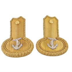 Early 20th century Royal Navy officers full dress bicorn hat, belt and epaulettes, the bicorn in black with gilt wire side and RN button, bullion work to each end marked to the interior with Gieves makers mark, all housed in fitted case