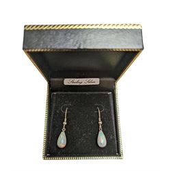 Pair of silver opal pear shaped pendant earrings, boxed