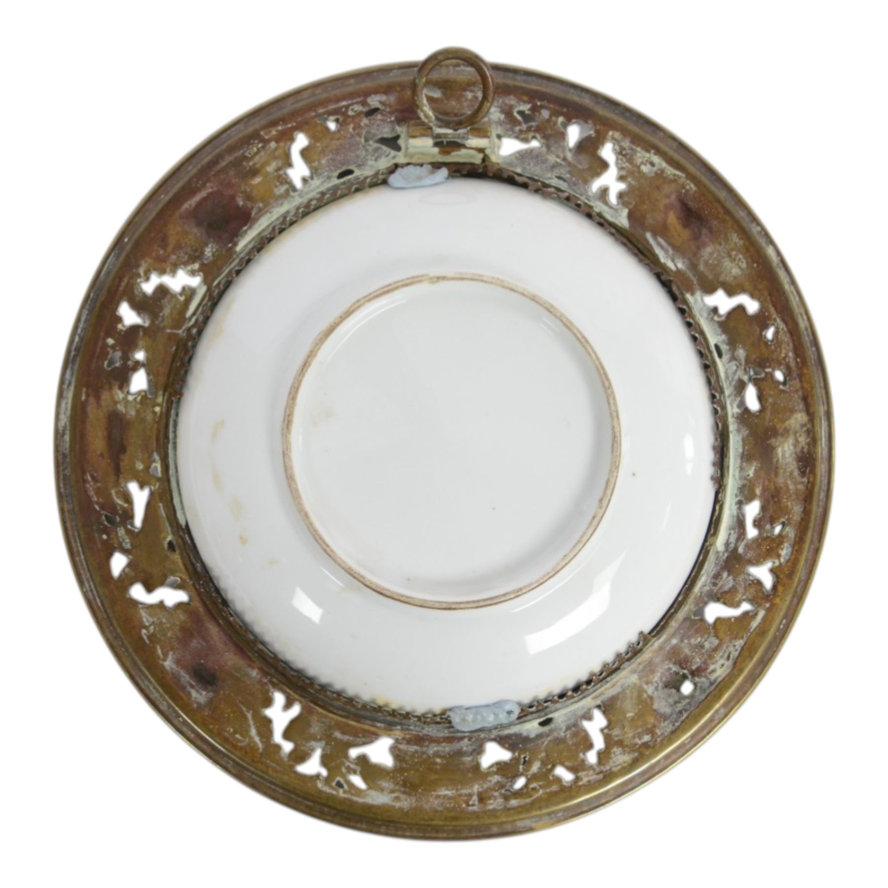 Pair of late 19th century English porcelain hand painted portrait plaques, each of circular form, set within a brass foliate and shell pierced surround, the first example depicting William Ewart Gladstone, the second Benjamin Disraeli, overall D19.5cm