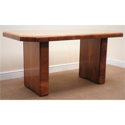  Art Deco style walnut rectangular dining table, canted corners, two supports, W156cm, H75cm, D80cm   