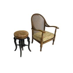 20th century armchair with cane back; and oak stool (2)