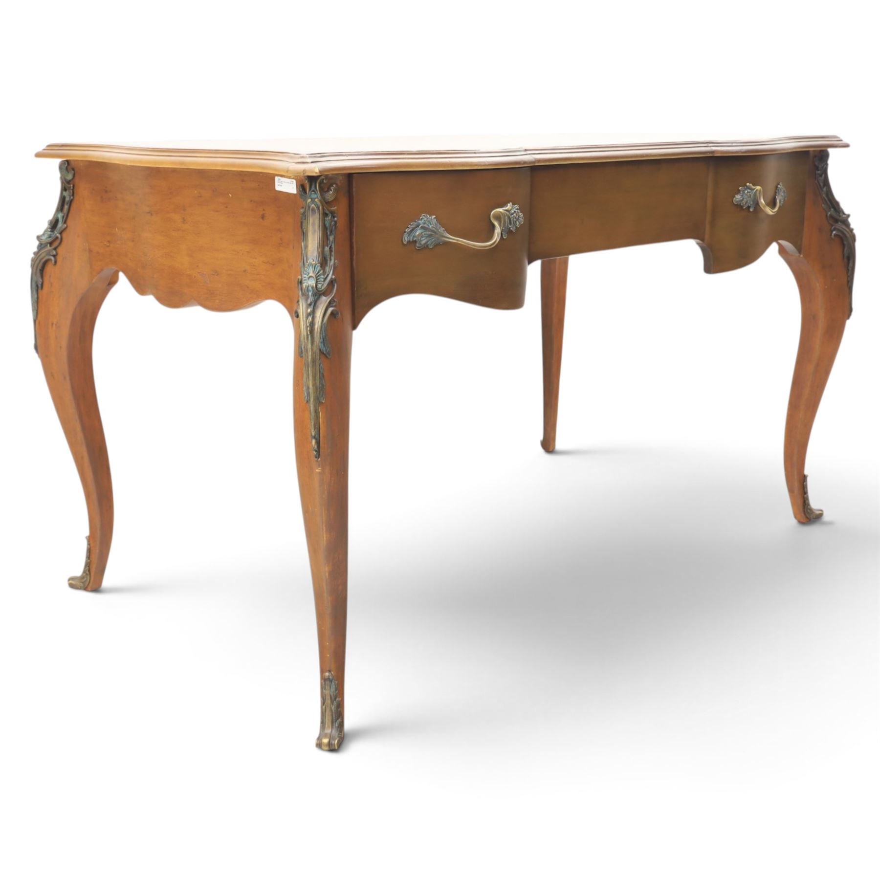 And So To Bed - Cherrywood serpentine dressing table, two drawers with brass handles foliate design with applied gilt mounts, raised on cabriole legs with gilt caps