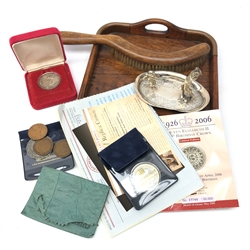  White metal pin tray mounted with a figure of a golfer inscribed 'C.G.C Quarterly Handicap, June 1932..', Edwardian oak crumb tray, pre-decimal pennies, Queen Elizabeth II Gibraltar 2008 silver proof one Crown coin, five pound coin on card and other coins  