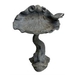 Lead garden bird bath, clam shell mounted by bird figure on dolphin shaped support 