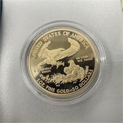 United States of America 2012 one ounce fine gold proof fifty dollars coin, cased with certificate