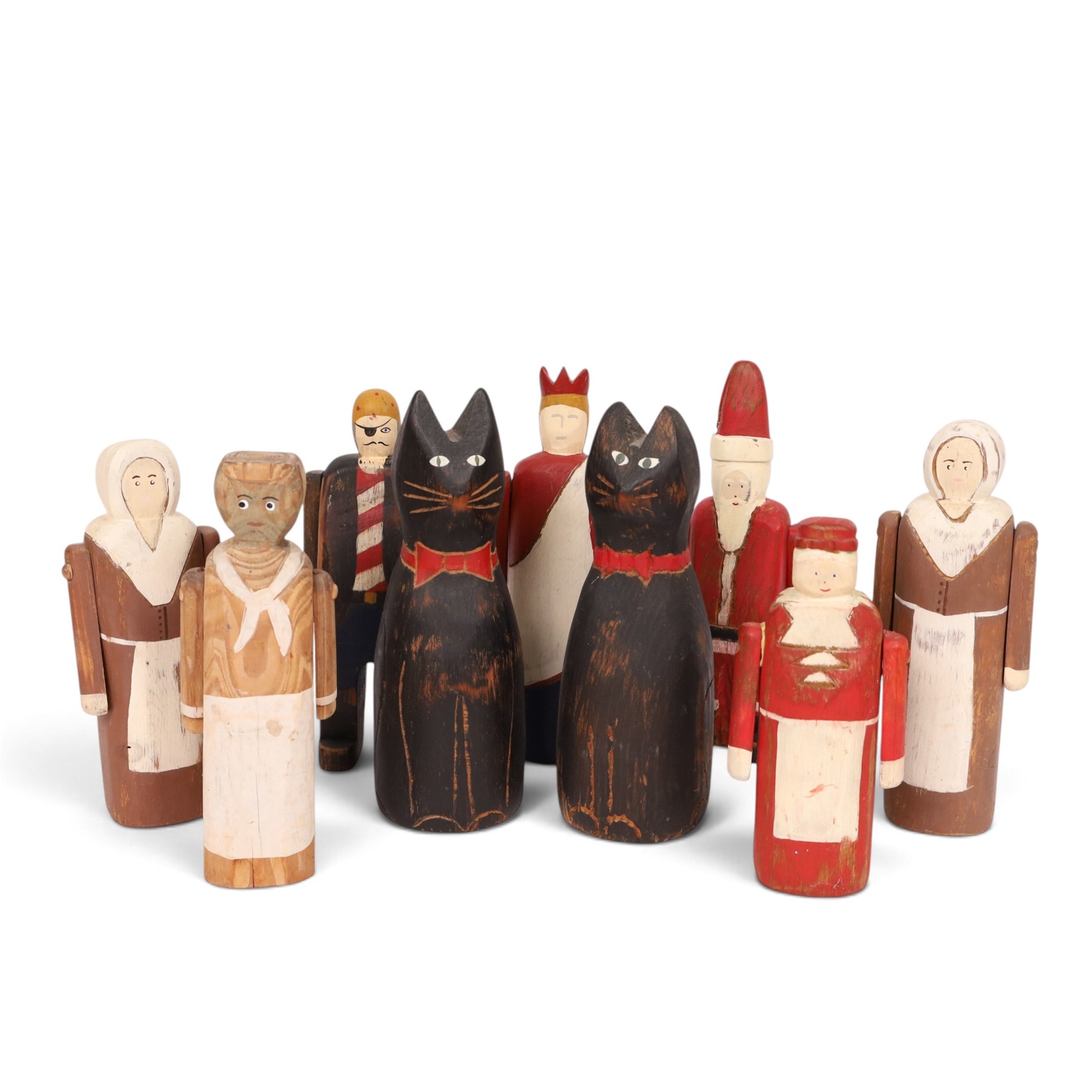 American Folk art figures, by Wolf Creek, comprising two cats, Father Christmas, Mrs Clause, Pirate and three others, with stamps and signatures beneath     
