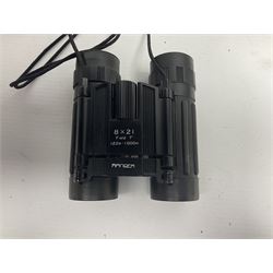 Pair of British World War Two issue black-painted binoculars, Bino 7x50 No. 5, 6E/320, No. 87412, MoD.B/42, with case, together with Nipole 10 x 50 binoculars and two other pairs