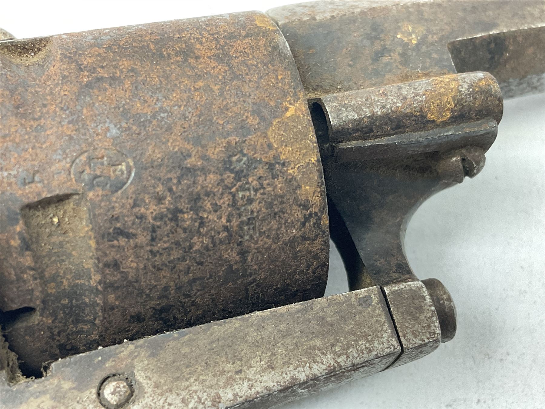 19th century 7mm five-shot pin-fire revolver, the cylinder marked 'The Savety (sic) American Revolver 1879', with folding trigger and two-piece walnut grip L18cm