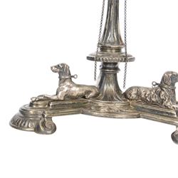 Edwardian silver plated centrepiece stand, the tripart base with applied recumbent hunting dogs interspersed with fox masks and game birds, the central knopped and tapering stem leading to a circular stand, marked 3251 beneath, H22cm  