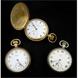 Two American open face lever pocket watches by Waltham, one in a gold-plated case No. 29610822, the other in a silver case No. 27014944 hallmarked and a full hunter pocket watch by Thomas Russell & Son Liverpool (3)