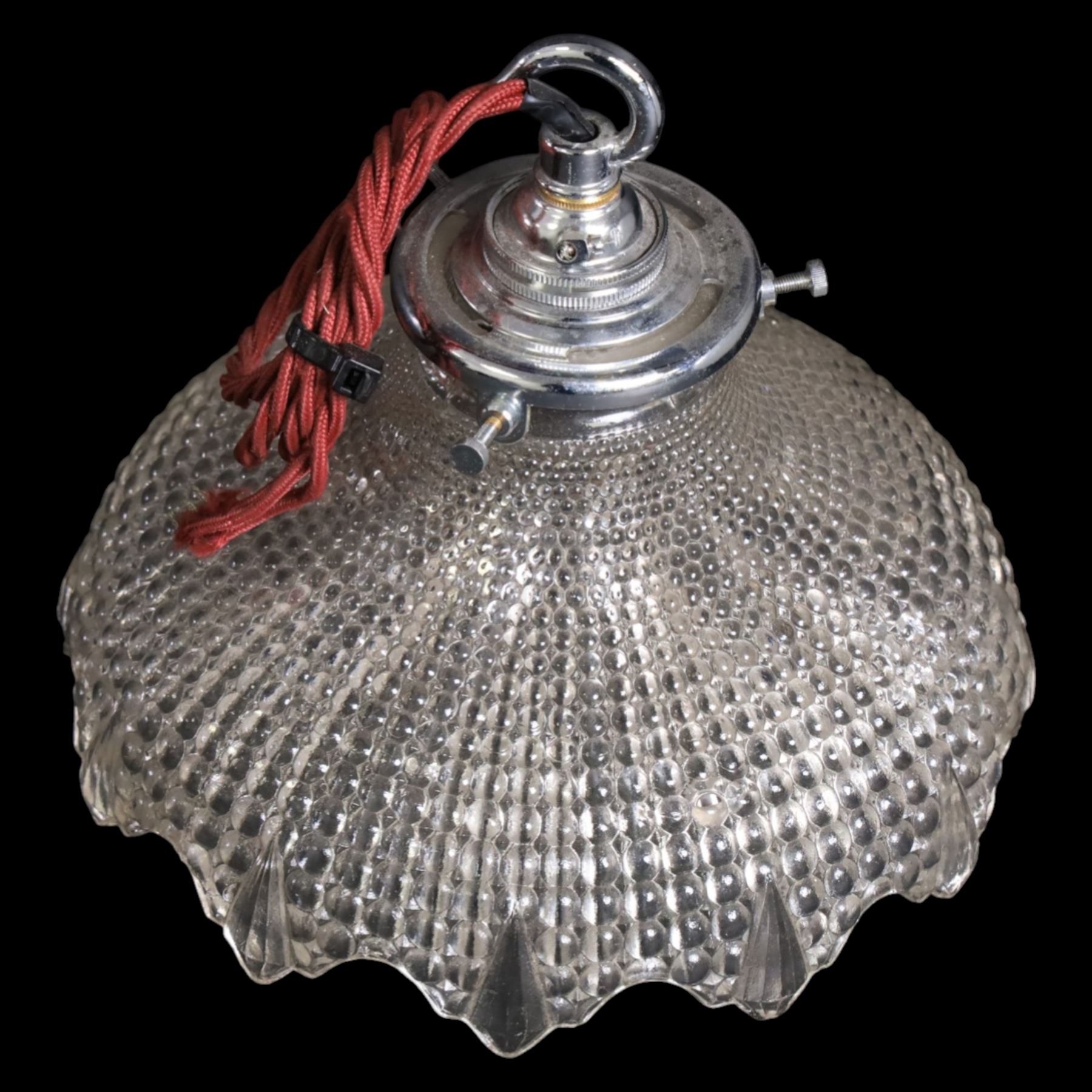 White glass ceiling lights, together with another glass shade  