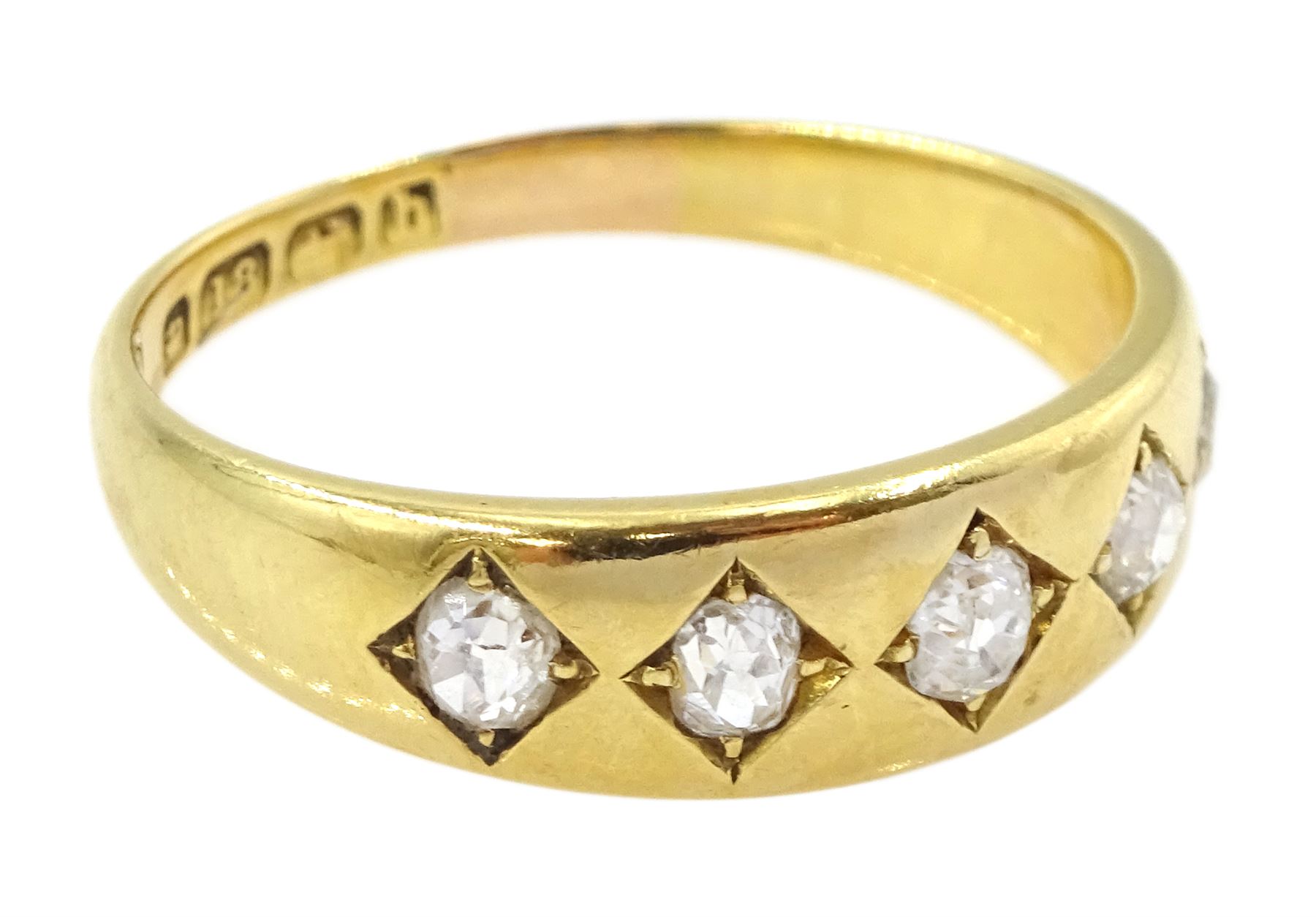 Victorian 18ct gold gypsy set five stone old cut diamond ring, Birmingham 1876, total diamond weight approx 0.40 carat