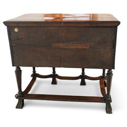 William and Mary design 18th century walnut and yew wood dresser or console table, rectangular canted top with feather banding and moulded edge, over two long and three short cock-beaded drawers, flanked by chamfered uprights above a shaped and cock-beaded apron, raised on six turned and tapering supports united by a shaped box stretcher, on lobed feet 