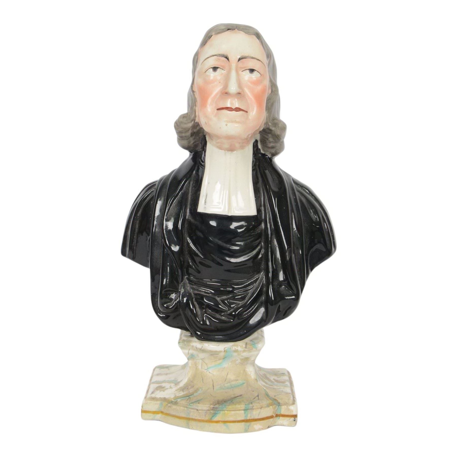 19th century Staffordshire Enoch Wood pottery bust, The Reverend John Wesley, mounted on a shaped marbleised plinth, with inset plaque to reverse, H30cm