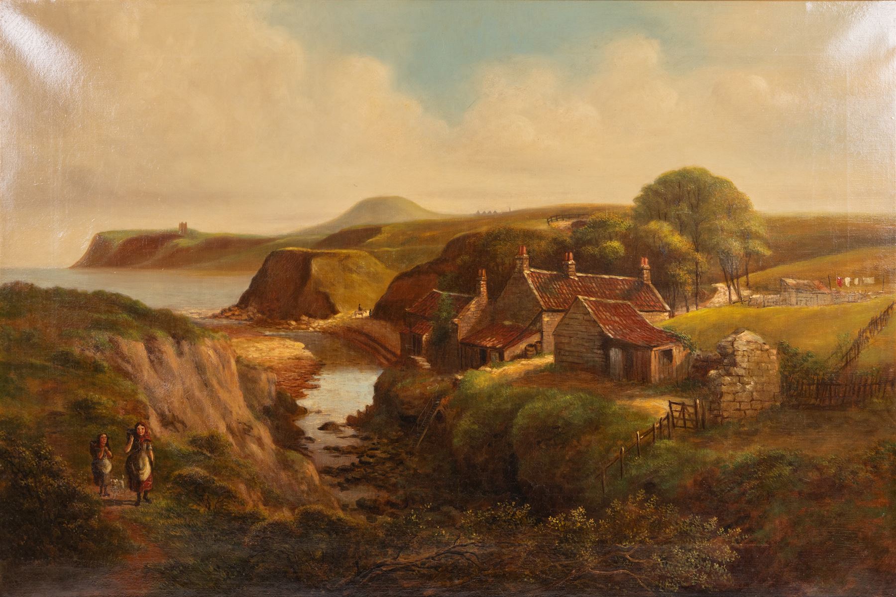 English School (19th Century): Scalby Mills and Monkey Island looking to Scarborough North Bay, oil on canvas indistinctly signed 60cm x 90cm 